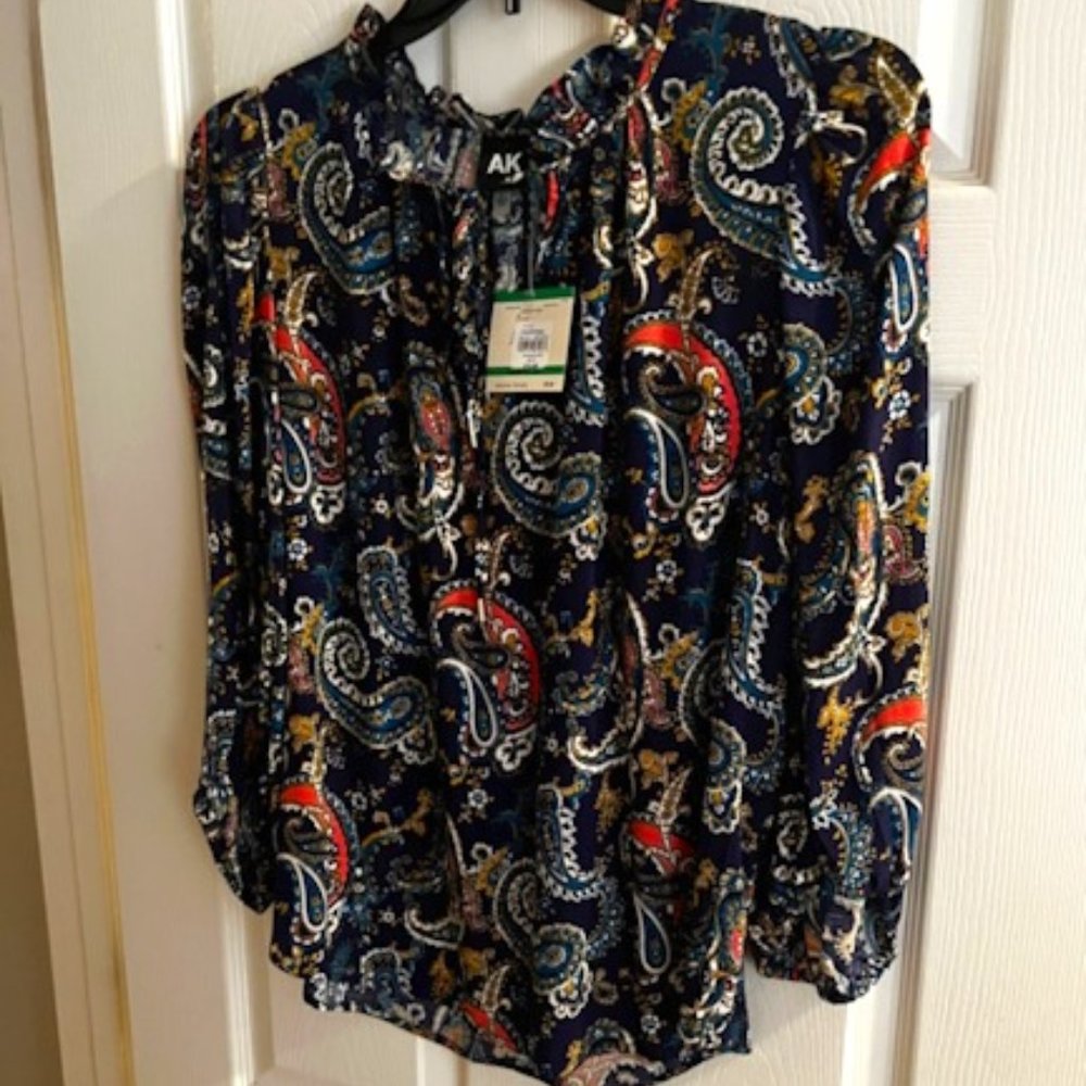 Anne Klein Paisely Navy Long Sleeve Top Size L ~NWT~